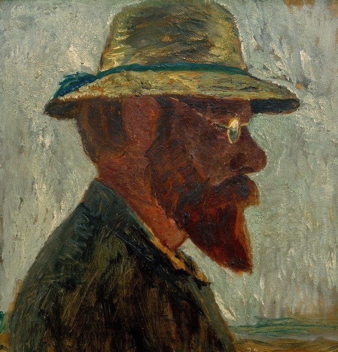 , Otto Modersohn mit Strohhut im Profil nach rechts (Brille,Deutsche Kunst,Herrenhut,Kopfbedeckung,Maler (Künstler),Bart,Hut,Frauenkunst,Portrait,Strohhut,Vollbart,Profil,Worpsweder Künstlerkolonie,Jahrhundertwende,Person)