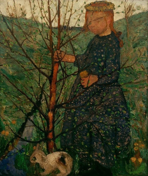 Paula Modersohn-Becker, Kind mit Kaninchen (Deutsche Kunst,Kind,Mädchen,Blumenkranz,Frauenkunst,Baum,Kind Und Tier,Hase,Kaninchen,Haustier,Haarschmuck,Worpsweder Künstlerkolonie,Jahrhundertwende,Kranz,Mensch Und Tier)
