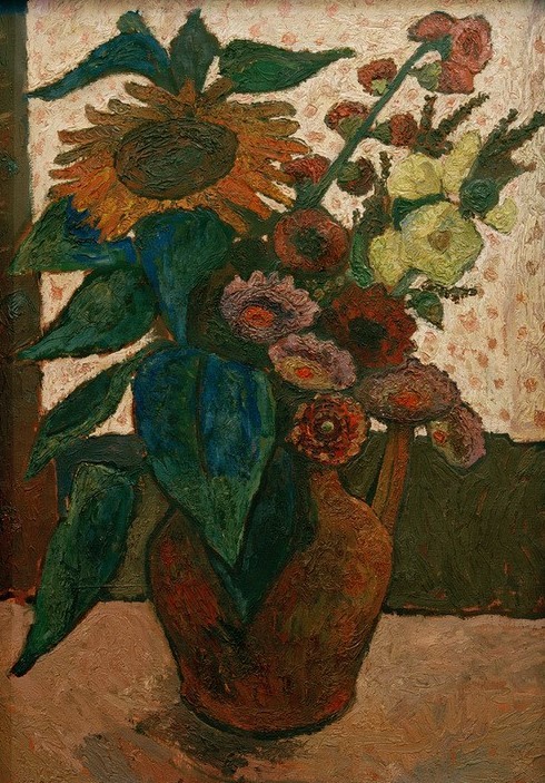 Paula Modersohn-Becker, Stillleben mit Sonnenblume, Stockrosen und Georginen (Botanik,Deutsche Kunst,Kunst,Sonnenblume,Stockrose,Frauenkunst,Stillleben,Blumenstrauss,Vase,Georgine,Blume,Worpsweder Künstlerkolonie,Jahrhundertwende,Krug)