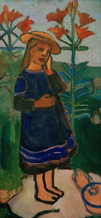 Elsbeth Becker, Elsbeth zwischen Feuerlilien (Botanik,Deutsche Kunst,Familie,Kindermode,Kind,Kunst,Mädchen,Menschen Im Park,Mode,Frauenkunst,Portrait,Strohhut,Tochter,Kleid,Menschen Im Garten,Kinderleben,Worpsweder Künstlerkolonie,Jahrhundertwende,Stieftochter,Feuerlilie,Ganzfigurig,Person)