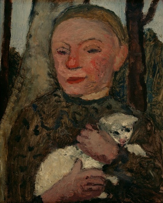 Paula Modersohn-Becker, Mädchen mit Lamm (Brustbild eines Mädchens mit Lamm im Arm) (Deutsche Kunst,Dorfkind,Kind,Mädchen,Frauenkunst,Portrait,Expressionismus,Kind Und Tier,Haustier,Lamm,Kinderleben,Tier,Worpsweder Künstlerkolonie,Jahrhundertwende,Brustbild,Baumstamm,Dorfleben,Nutztier)