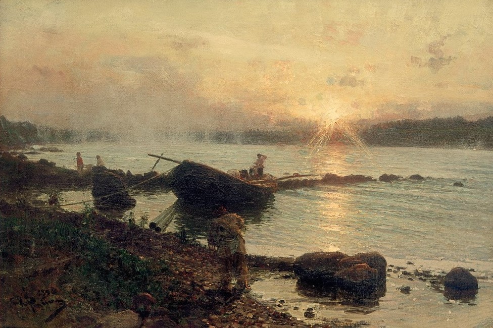 Ilja Jefimowitsch, An der westlichen Dwina. Sonnenaufgang  (Flusslandschaft, Russland, Landschaftsmalerei, Sonnenuafgang, Ufer,  Realismus, Klassische Moderne, Wunschgröße, Treppenhaus, Wohnzimmer)