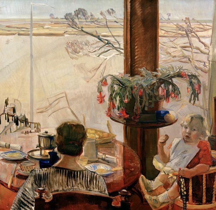 Anton Albers d.J., Auf der Terrasse (Deutsche Kunst,Essen Und Trinken,Familie,Frau,Kind,Kunst,Landschaft,Mensch,Mutter Und Kind,Tafelsitten,Terrasse,Impressionismus,Tisch,Kleinkind,Rückenfigur,Kinderstuhl,Familienleben,Kinderleben,Frauenleben,Gedeckter Tisch,Sitzen,Blumentopf,Pflanze,Ausblic)