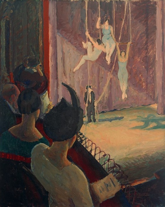 Hans Barthelmess, Trapezgruppe im Varieté (Artist,Deutsche Kunst,Fahrendes Volk,Frau,Gesellschaftliches Leben,Gesellschaft,Kabarett Und Variete,Kunst,Mann,Mensch,Variete (Entertainment),Impressionismus,Akrobat,Publikum,Deutscher Künstlerbund,Zuschauen,Trapez,Zuschauer,Akrobatin,Artistin,Zuschaueri)