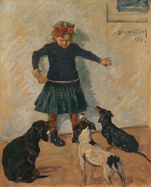 Ernst Bischoff-Culm, Mädchen mit Hunden (Brot,Deutsche Kunst,Essen Und Trinken,Kindermode,Kind,Kunst,Mädchen,Mensch,Mode,Sezession,Szene,Zoologie,Impressionismus,Nahrungsmittel,Hund,Angst,Portrait,Bilder Erzählen Eine Geschichte,Kind Und Tier,Beobachten,Betteln,Haustier,Tierleben,Erwartung,Warte)
