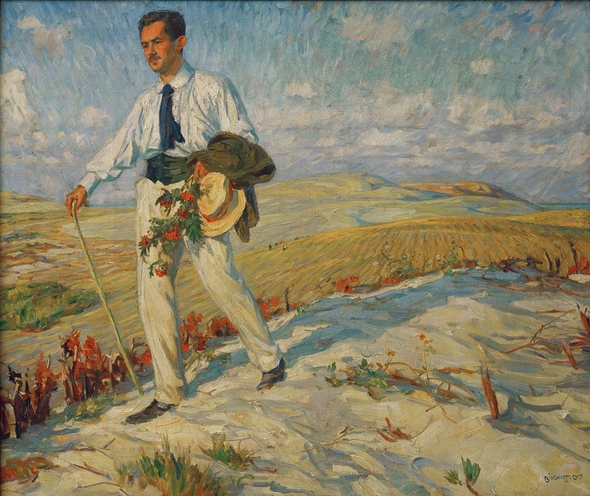 Ernst Bischoff-Culm, Walther Heymann (Deutsche Kunst,Dichter,Kunst,Landschaft,Literatur,Mann,Sezession,Spaziergang,Impressionismus,Krawatte,Hut,Portrait,Stock,Blumenstrauss,Düne,Im Freien (Allgemein),Berliner Sezession,Spazierstock,Blume,Ganzfigurig,Person,Männerleben,Signatur)