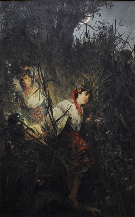 Witold Pruszkowski, Wassernymphen (Frau,Geschichte,Kunst,Mond,Nacht,Nymphe,Symbolismus,Malen,Europäer (F M),Rahmen,Pfahl)