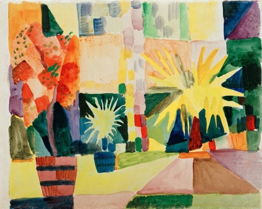 August Macke, Garten am Thunersee (Garten, Landschaft,  Pflanzen, Kübelpflanze, Raster, Muster,  Wohnzimmer, Treppenhaus, Expressionismus,  Klassische Moderne, Malerei, Wunschgröße, bunt)