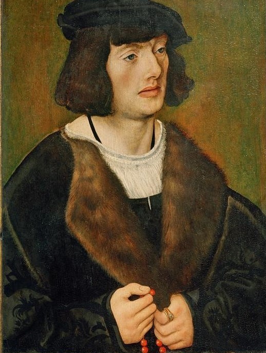 Lucas Cranach der Ältere, Bildnis eines Stifters (Christentum,Deutsche Kunst,Herrenmode,Kopfbedeckung,Kunst,Mann,Mensch,Mode,Religion,Renaissance,Triptychon,Portrait,Stifterbildnis,Rosenkranz,Pelzkragen,Kleidung (Allgemein),Frömmigkeit,Stifter,Halbfigur,Schaube)