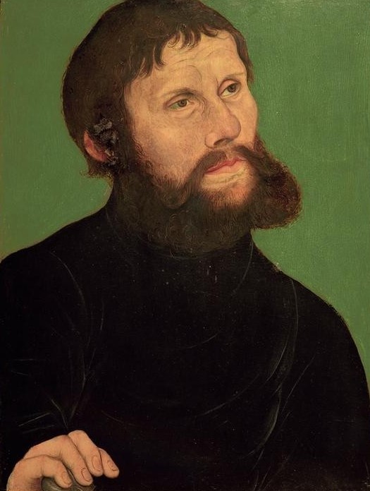 Lucas Cranach der Ältere, Bildnis Luthers als Junker Jörg (Geistlicher,Christentum,Deutsche Kunst,Evangelische Kirche,Geschichte,Katholische Kirche,Kunst,Mann,Reformation,Reformator,Religion,Bart,Renaissance,Hand,Portrait,Theologie,Vollbart,Kleidung (Allgemein),Griff,Protestant,Brustbild,Person,Dreiviertelprofil,)