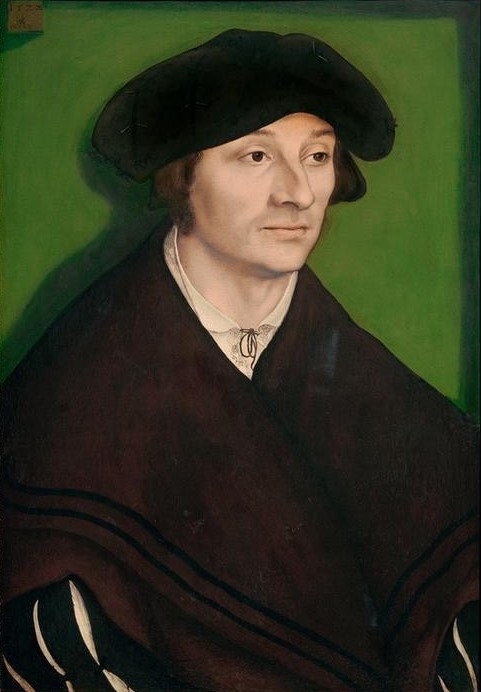 Lucas Cranach der Ältere, Bildnis eines bartlosen Mannes (Deutsche Kunst,Herrenmode,Kopfbedeckung,Kunst,Mann,Mensch,Mode,Renaissance,Portrait,Bürgertum,Barett,Pelzkragen,Patrizier,Kleidung (Allgemein),Kragen,Halbfigur,Halbprofil,Schaube,Braune Augen,Mütze)