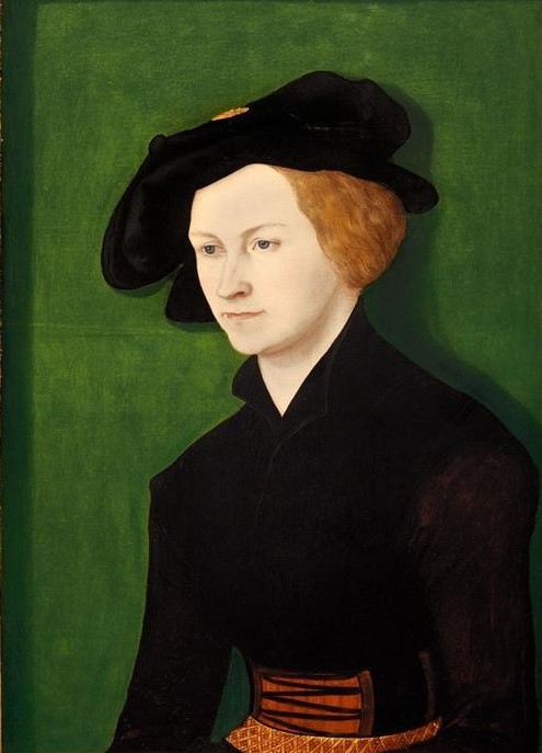 Lucas Cranach der Ältere, Bildnis einer Frau (Damenmode,Deutsche Kunst,Frau,Kopfbedeckung,Kunst,Mensch,Mode,Renaissance,Portrait,Agraffe,Bürgertum,Barett,Blonde Haare,Blaue Augen,Kleidung (Allgemein),Teint,Blässe,Patrizierin,Halbfigur,Halbprofil,Mütze)