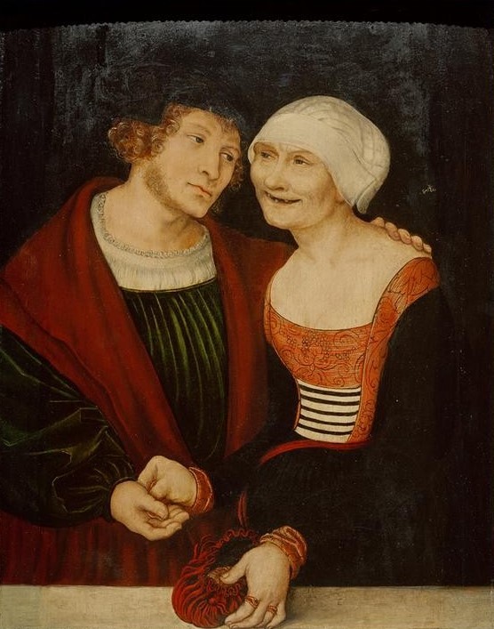 Lucas Cranach der Ältere, Junger Mann und Greisin (Damenmode,Deutsche Kunst,Frau,Geld,Herrenmode,Jugend (Lebensalter),Kopfbedeckung,Kunst,Lebensalter,Liebe,Liebe Und Ehe,Liebespaar,Mann,Mensch,Mode,Ungleiches Paar,Alter,Renaissance,Greisin,Haube,Lächeln,Jugend Und Alter,Kleidung (Allgemein),Münze,Gegensat)