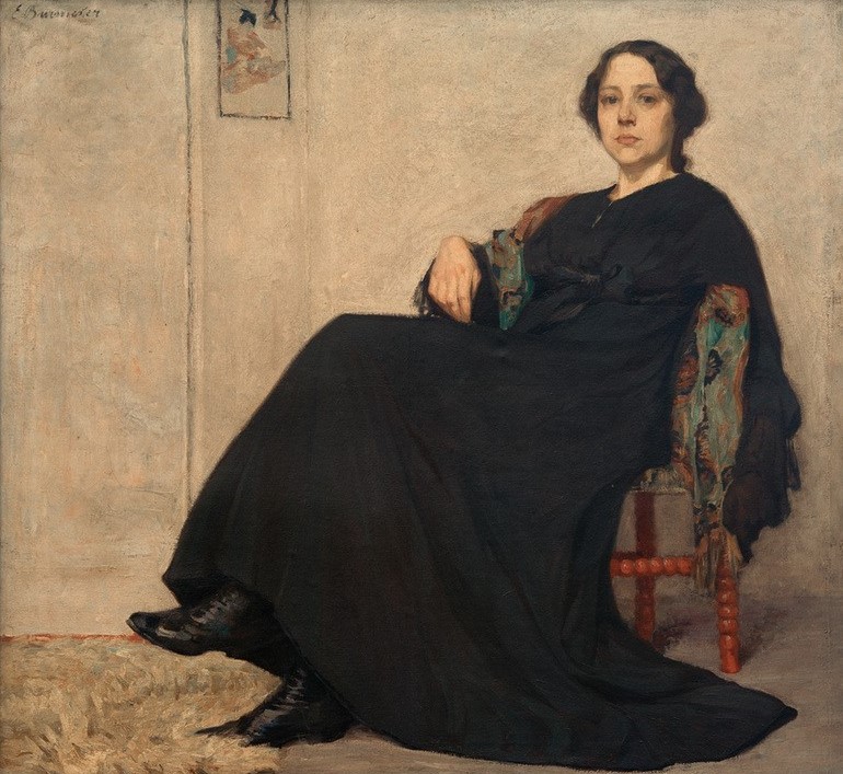 Ernst Burmester, Sitzende Frau (Deutsche Kunst,Frau,Kunst,Mensch,Möbel,Portrait,Stuhl,Sitzen,Blick Aus Dem Bild,Ganzfigurig,Halbprofil,Beine (Übereinandergeschlagen))