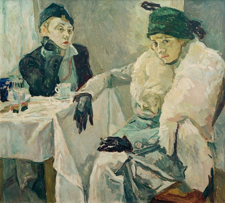 Hans Fuglsang, Zwei Damen im Café (Deutsche Kunst,Essen Und Trinken,Frau,Gastronomie,Kunst,Mensch,Freizeit,Tafelsitten,Tisch,Restaurant,Expressionismus,Cafe,Frauenleben,Sitzen)