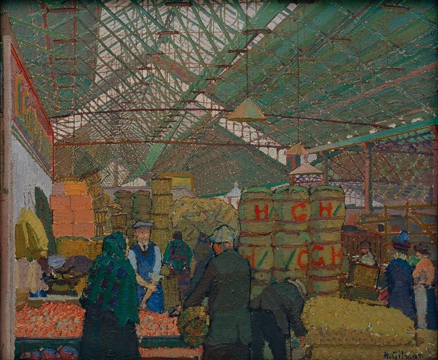 Harold Gilman, Markt in Leeds (Architektur,Frau,Handel,Kunst,Mann,Markthalle,Markt,Mensch,Volkskunde,Wirtschaft (Ökonomie),Handel Und Gewerbe,Verkäufer,Architekturdarstellung,Englische Kunst,Verkauf,Innenansicht,Händler,Land Und Leute,Postimpressionismus,Signatur,Gewerbe,Halle (Archite)