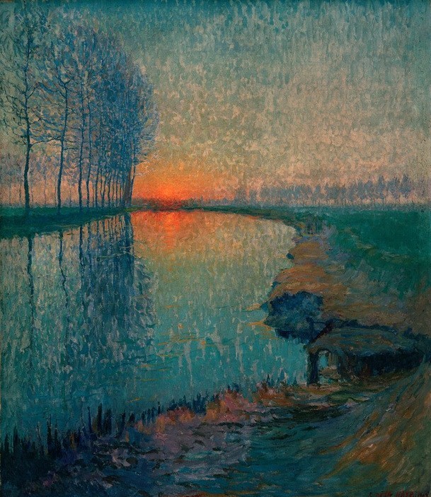 Raymond de la Haye, Sonnenuntergang an der Nete (Gewässer,Kunst,Landschaft,Sonnenuntergang,Sonne,Tageszeiten,Abend,Impressionismus,Fluss,Spiegelung,Baum,Belgische Kunst,Ufer,Dämmerung,Sonnenlicht,Baumgruppe,Menschenleere,Abendrot)