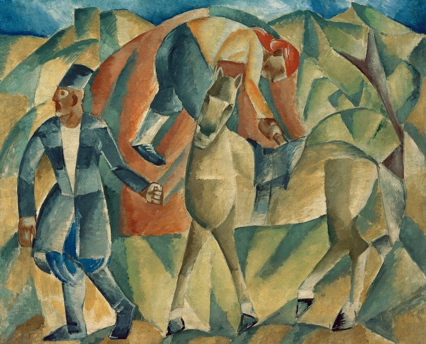 Michail Wassiljewitsch le Dantju, Mann mit Pferd (Ausflug,Kunst,Landschaft,Mann,Mensch,Pferd (Tier),Freizeit,Reiter,Kubismus,Russische Kunst,Tierleben,Tier,Ausritt,Reiten,Grün,Reitpferd,Männerleben,Mensch Und Tier,Farbe,Neoprimitivismus)