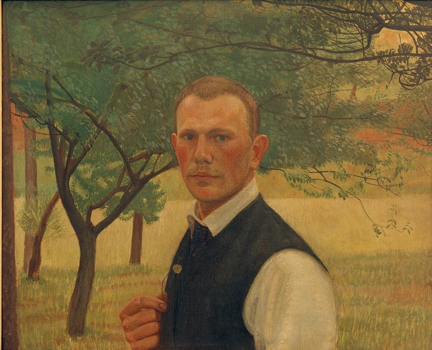 Siegfried von Leth, Selbstbildnis im Grünen (Deutsche Kunst,Herrenmode,Künstler,Kunst,Landschaft,Maler (Künstler),Mann,Mode,Bart,Selbstbildnis,Schnurrbart,Portrait,Baum,Wiese,Weste,Im Freien (Allgemein),Kleidung (Allgemein),Jahrhundertwende,Blick Aus Dem Bild,Halbfigur,Halbprofil,Person,Geheimratsec)