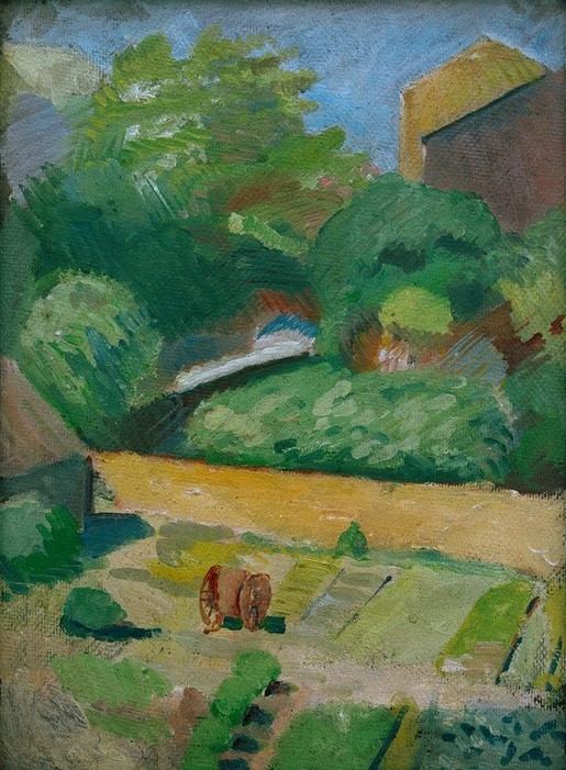 August Macke, Blick in den Nachbargarten (Bonn) (Garten, Landschaft, Wohnhaus (Allgemein), Beete, Landwirtschaft,  Wohnzimmer, Treppenhaus, Expressionismus,  Klassische Moderne, Malerei, Wunschgröße, bunt)