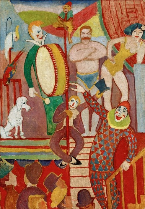 August Macke, Circuswelt I (Affe, Artisten, Clowns,  Fahrendes Volk, Gesellschaft, Papagei, Theater, Zirkus, Instrument, Akrobat, Dressur, Publikum, Pudel,  Wohnzimmer, Treppenhaus, Expressionismus,  Klassische Moderne, Malerei, Wunschgröße, bunt)