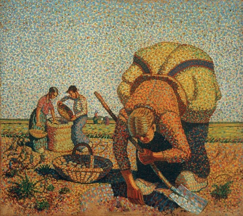 Wilhelm Morgner, Kartoffelernte II (Ackerbau,Arbeit,Deutsche Kunst,Ernte,Frau,Kunst,Landschaft,Mensch,Nahrungsmittel,Kartoffel,Pointillismus,Expressionismus,Bäuerin,Acker,Feld,Korb,Spaten,Im Freien (Allgemein),Landleben,Frauenleben,Landbevölkerung,Sack,Landarbeit,Bücken,Kartoffelernte,Felda)