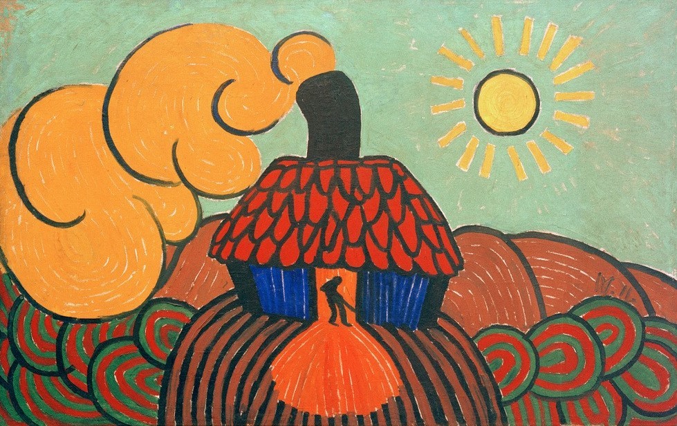 Wilhelm Morgner, Ziegelbäcker (Arbeiter,Arbeit,Beruf,Deutsche Kunst,Handwerk Und Gewerbe,Haus,Industrie,Kunst,Landschaft,Mann,Mensch,Sonne,Ziegelmacher,Schornstein,Technik,Expressionismus,Ziegelstein,Rauch,Ziegelei,Sonnenstrahlen,Handwerker,Farbigkeit,Männerleben,Handwerk,Signatur,Gewe)
