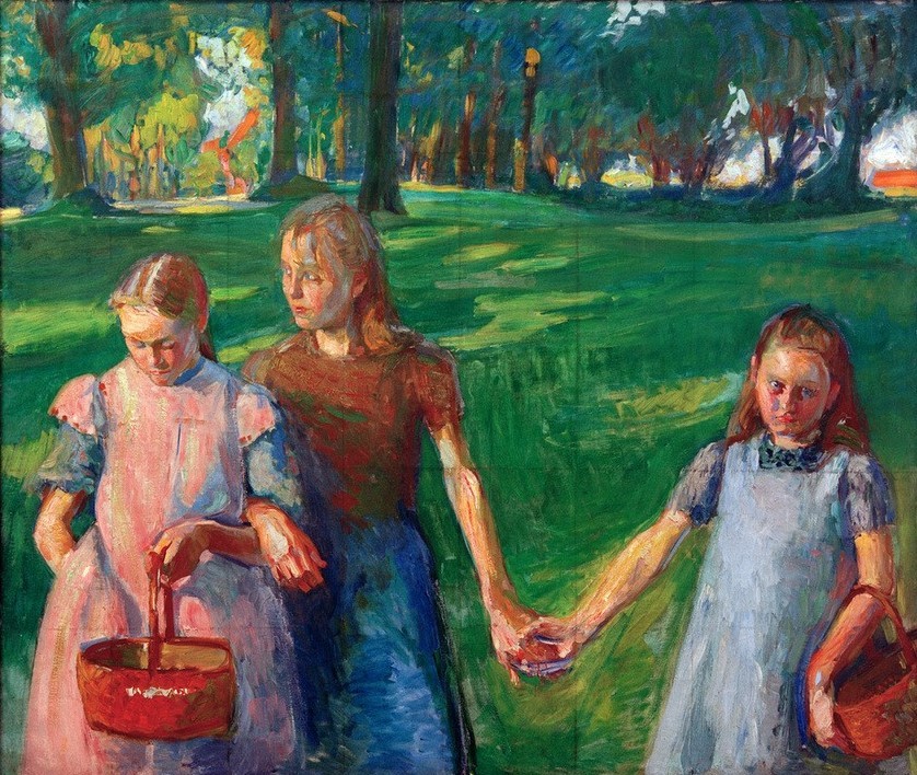 Franz Nölken, Drei Mädchen in der Pappelallee (Deutsche Kunst,Freundschaft (Allgemein),Garten Und Park,Kindermode,Kind,Kunst,Landschaft,Mädchen,Menschen Im Park,Mensch,Mode,Park,Freizeit,Spaziergang,Volkskunde,Portrait,Expressionismus,Kittel,Schürze,Die Brücke,Korb,Im Freien (Allgemein),Kleid,Drei,Kle)