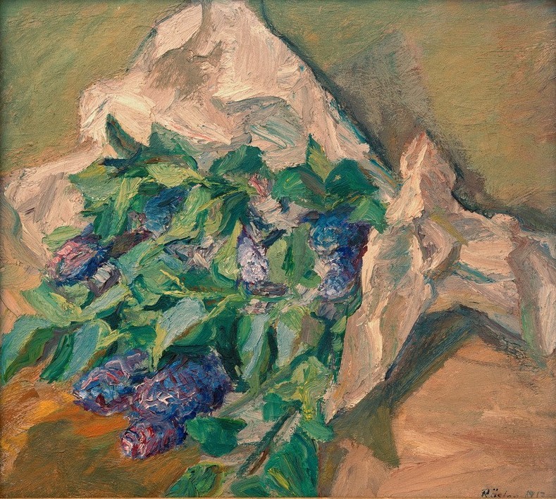 Waldemar Rösler, Stillleben mit Flieder (Botanik,Deutsche Kunst,Kunst,Sezession,Impressionismus,Stillleben,Flieder,Blumenstrauss,Berliner Sezession,Papier,Deutscher Künstlerbund,Blüte,Zweig,Pflanze,Signatur)
