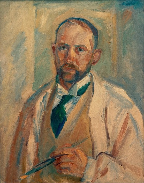 Waldemar Rösler, Waldemar Rösler, 1914 (Deutsche Kunst,Grafiker,Herrenmode,Künstler,Kunst,Maler (Künstler),Mann,Mode,Sezession,Impressionismus,Krawatte,Bart,Selbstbildnis,Portrait,Kittel,Weste,Pinsel,Berliner Sezession,Vollbart,Deutscher Künstlerbund,Kleidung (Allgemein),Blick Aus Dem Bild,Halb)