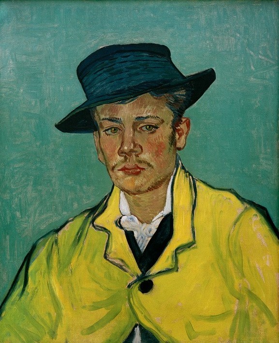 Vincet van Gogh, Portrait d’Armand Roulin (Porträt Armand Roulin)  (Portrait, Menschen, Frankreich,  Mann, Hut, gelbe Jacke, Schnäuzer, Klassische Moderne, Impressionismus, Wohnzimmer, Treppenhaus, Wunschgröße, bunt)