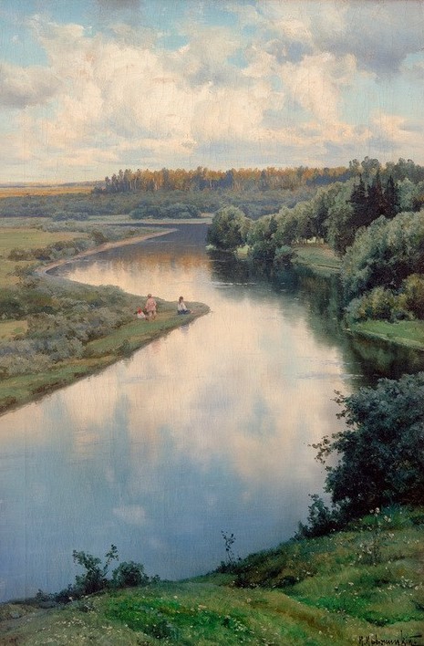 Konstantin Jakowlewitsch, An der Oka  (Landschaftsmalerei, Landschaft, Flusslandschaft, Russland, Sommer, Rast, weites Land, Wunschgröße, Klassiker, Wohnzimmer)