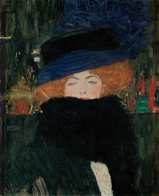 Gustav Klimt, Dame mit Hut und Federboa  (Klassische Moderne, Jugendstil,  Eros&People, Portrait, Frau, Hut, Federkragen, Boa, Wohnzimmer, Treppenhaus, Wunschgröße, Malerei)