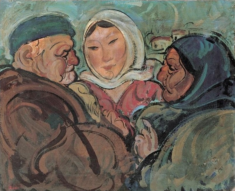 Gino Rossi, Composizione con tre figure (Bauer (Landwirt),Frau,Gruppenbild,Kunst,Mann,Volkskunde,Bäuerin,Italienische Kunst,Landbevölkerung,Halbfigur,Kopftuch,Unterhaltung (Gespräch))