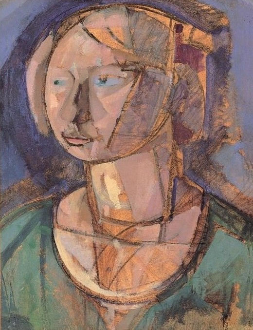 Gino Rossi, Testa di ragazza (Frau,Kunst,Mensch,Schönheit,Kubismus,Portrait,Italienische Kunst,Blonde Haare,Blaue Augen,Grün,Junge Frau,Schwarz,Rosa (Farbe),Brustbild,Farben,Formen,Muster,Vertikale)