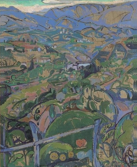 Gino Rossi, Grande descrizione asolana (Haus,Kunst,Landschaft,Sommer,Zaun,Baum,Tal,Italienische Kunst,Hügel,Im Freien (Allgemein),Ländliche Szene,Blau,Grün,Gebäude,Farben,Formen,Muster,Pflanze,Vertikale)