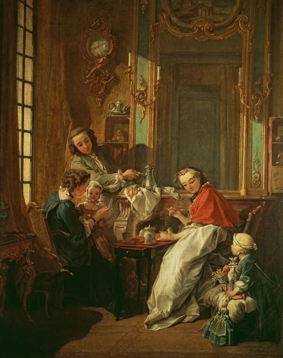 Francois Boucher, Le Petit Déjeuner (Eltern Mit Kind,Essgeschirr,Essen Und Trinken,Familie,Kaffee,Kind,Mode,Möbel,Puppe (Gegenstand),Schokolade,Spielzeug,Tafelsitten,Uhr,Wohnzimmer,Wohnung,Tageszeiten,Morgen,Rokoko,Tisch,Frühstück,Kleinkind,Mittagessen,Bürgertum,Französische Kunst,Fütterung,)