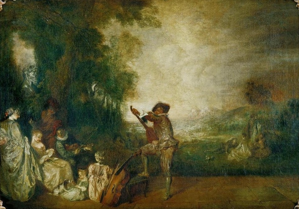 Jean-Antoine Watteau, Das Konzert (Konzert,Landschaft,Menschen Im Park,Musiker,Musik,Saiteninstrument,Violoncello,Instrument,Rokoko,Höfische Gesellschaft,Fetes Galantes,Adel,Französische Kunst,Im Freien (Allgemein),Stimmen Des Instrumentes,Streichinstrument)