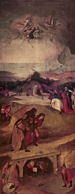 Hieronymus Bosch, Der Flug und Sturz des hl. Antonius (Christentum,Heilige,Religion,Altar,Gotik,Renaissance,Fabelwesen,Dämon,Absturz,Heiligenlegende,Kopie,Phantastische Kunst,Niederländische Kunst,Fliegen,Seitenflügel (Altar))
