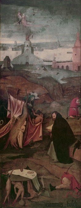 Hieronymus Bosch, Der Hl. Antonius in Betrachtung (Buch,Christentum,Erotik,Heilige,Kunst,Laster,Leser,Luftfahrt,Religion,Windmühle,Gotik,Renaissance,Fabelwesen,Dämon,Lesen (Allgemein),Verführung,Eremit,Heiligenlegende,Kopie,Versuchung,Phantastische Kunst,Niederländische Kunst,Fliegender Fisch,Laufstall)