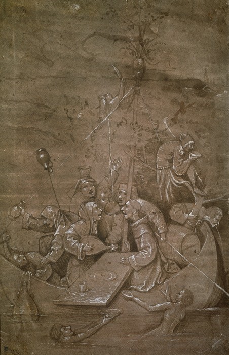 Hieronymus Bosch, Das Narrenschiff (Geistlicher,Fahrendes Volk,Gesellschaft,Satire,Kirche,Laute,Musiker,Musik,Narr,Ruderboot,Schiff,Instrument,Gotik,Renaissance,Allegorie,Nonne,Mönch,Vanitas,Clown,Phantastische Kunst,Niederländische Kunst,Hofnarr,Gesellschaftskritik,Antiklerikalismus,Narren)