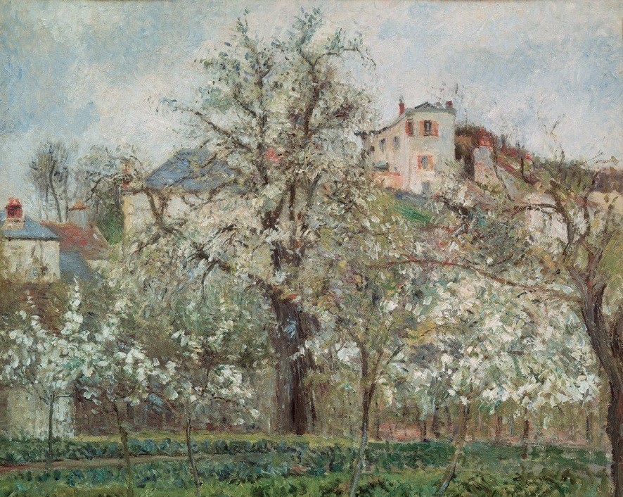 Camille Pissarro, Potager et arbres en fleurs, printemps, Pontoise (Baumblüte,Garten Und Park,Jahreszeiten,Kunst,Landschaft,Gemüsegarten,Obstgarten,Impressionismus,Frühling,Französische Kunst,Obstbaum,Garten)