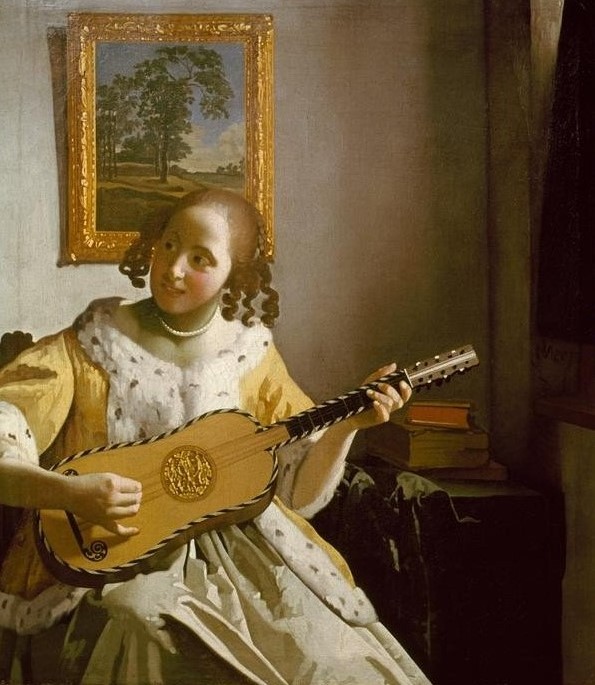 Jan Vermeer, Gitarrenspielerin (Damenmode,Frau,Gitarre,Hausmusik,Jugend (Lebensalter),Mode,Musik,Schmuck,Wohnung,Barock,Instrument,Bild Im Bild,Portrait,Hermelin,Perlenkette,Interieur,Bürgertum,Niederländische Kunst,Lächeln,Frauenleben,Jacke,Sitzen,Locke,Rote Backen,Pelzbesatz,Korkenzie)