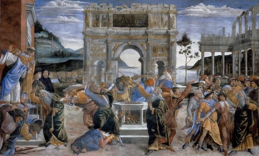 Sandro Botticelli, Die Bestrafung der Rotte Korah (Jüdische Religion,Kunst,Priester,Triumphbogen,Renaissance,Altes Testament,Bibel,Architekturdarstellung,Italienische Kunst,Rotte Korah,Opfer (Religion))