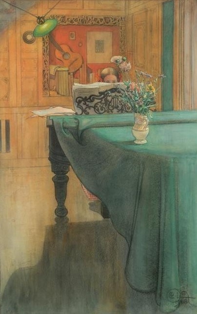 Carl Larsson, Kleines Mädchen am Klavier (Botanik,Elektrisches Licht,Elektrizität,Gitarre,Jugend (Lebensalter),Jugendstil,Kind,Licht Und Beleuchtung,Mädchen,Musikzimmer,Musik,Noten,Tasteninstrument,Volkskunde,Wohnung,Instrument,Klavier Und Flügel,Bild Im Bild,Lampe,Portrait,Lernen,Bilderrahmen,Bl)