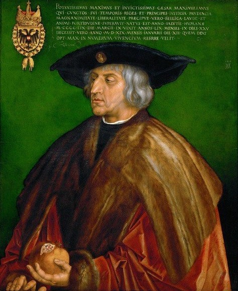 Albrecht Dürer, Maximilian I (Deutsche Kunst,Geschichte,Goldenes Vlies,Heraldik,Kaiser,Mann,Mode,Ritter,Hut,Renaissance,Portrait,Hermelin,Habsburger,Bilderrahmen,Granatapfel,Ritterorden,Kleidung (Allgemein),Tier,Doppeladler,Person,Wappen,Mütze,Orden (Allgemein))