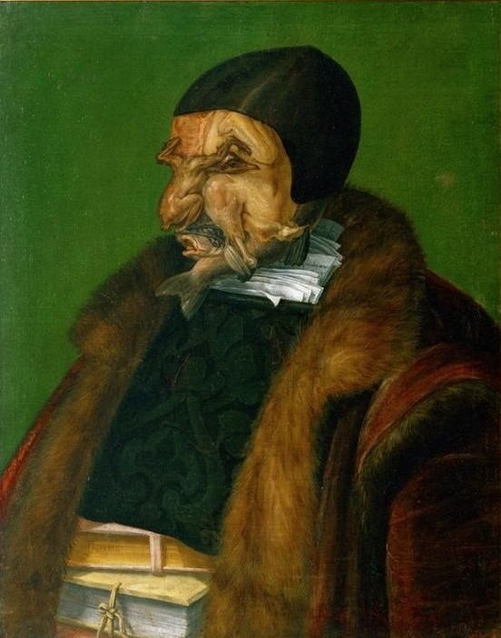 Giuseppe Arcimboldo, Der Jurist (Buch,Jurist,Karikatur,Mann,Pelz,Justiz,Recht,Reformation,Reformator,Hut,Portrait,Geflügel,Manierismus,Groteske,Vexierbild,Phantastische Kunst,Italienische Kunst,Kleidung (Allgemein),Mütze)