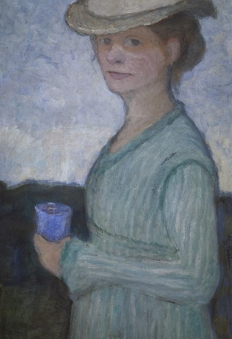 Paula Modersohn-Becker, Selbstbildnis mit blauem Glas (Deutsche Kunst,Frau,Glas,Kopfbedeckung,Künstlerin,Kunst,Malerin,Hut,Selbstbildnis,Frauenkunst,Portrait,Worpsweder Künstlerkolonie,Jungverstorbene,Jahrhundertwende,Trinkglas,Halbfigur,Person)