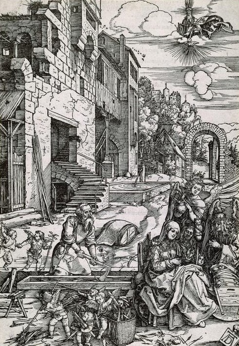 Albrecht Dürer, Ruhe auf der Flucht nach Ägypten (Die heilige Familie im Hof) (Arbeit,Christentum,Deutsche Kunst,Engel,Kunst,Religion,Spinnen,Zimmermann,Renaissance,Heilige Familie,Neues Testament,Bibel,Putto,Wiege,Marienleben,Ruhe Auf Der Flucht,Jesusknabe,Fleiss,Spinnrocken,Handwerk)