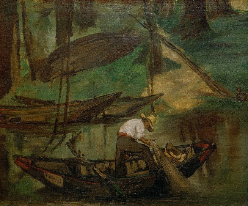 Edouard Manet, Le pêcheur (Boot,Fischer,Fischerei,Fischerboot,Tageszeiten,Nacht,Impressionismus,Französische Kunst,Fischernetz)